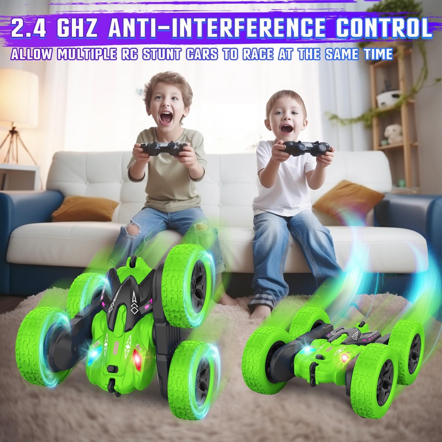 Terucle Remote Control Car, RC Cars Stunt RC Car Toys Double-Sided 360° Rotating Headlights Upgraded 4WD Rc Drift Truck Kid Toys for Boys 8–12 Year Old Remote Control Toys (Green)