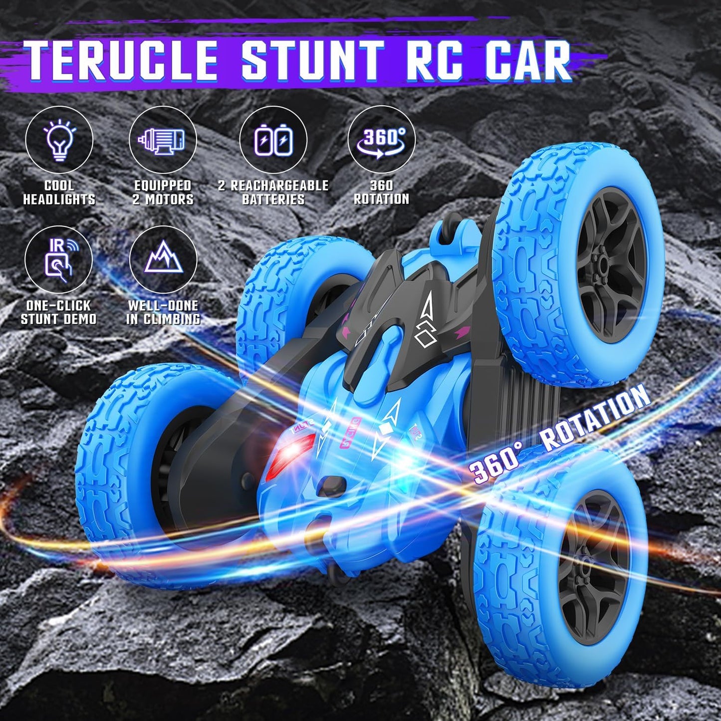 Terucle Remote Control Car, RC Cars Stunt RC Car Toys Double-Sided 360° Rotating Headlights Upgraded 4WD Rc Drift Truck Fast Kid Toys for Boys 812 Year Old Remote Control Toys (Blue)