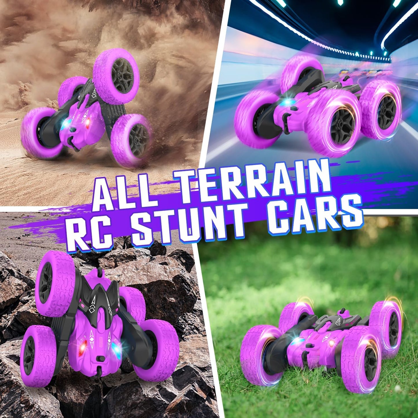 Terucle Remote Control Car, RC Cars Stunt RC Car Toys Double-Sided 360° Rotating Headlights Upgraded 4WD Rc Drift Truck Fast and Flips Kid Toys for Boys 8-12 Year Old (Purple)