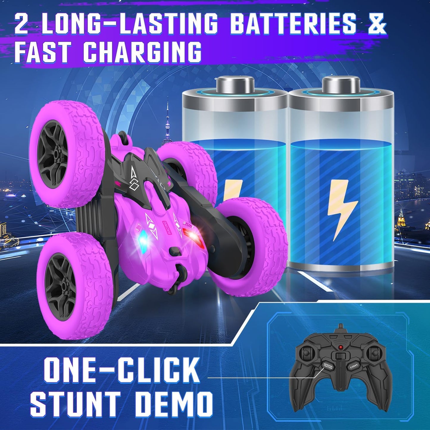Terucle Remote Control Car, RC Cars Stunt RC Car Toys Double-Sided 360° Rotating Headlights Upgraded 4WD Rc Drift Truck Fast and Flips Kid Toys for Boys 8-12 Year Old (Purple)