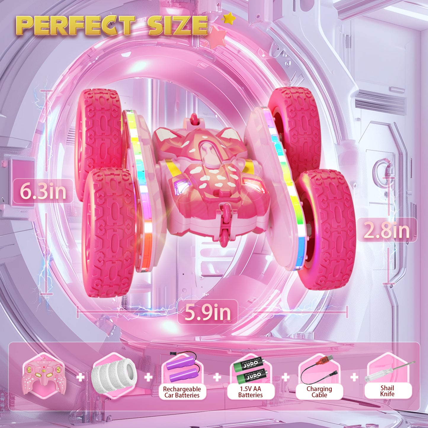 Terucle Remote Control Car for Girls, New Pink RC Cars Stunt RC Car Girl Toys for Girls Double-Sided 360° Rotating with Headlights 4WD Kid Toys Girls for Birthday Gifts (Pink)