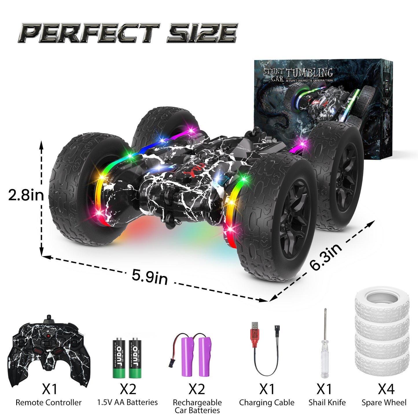 Terucle Rc Cars Toys for Boys Remote Control Car 2.4 GHz Black Toys for Ages 5-7 Kids Toys New Upgraded Strip Lights 360° Rotating Rc Truck Birthday (Black)