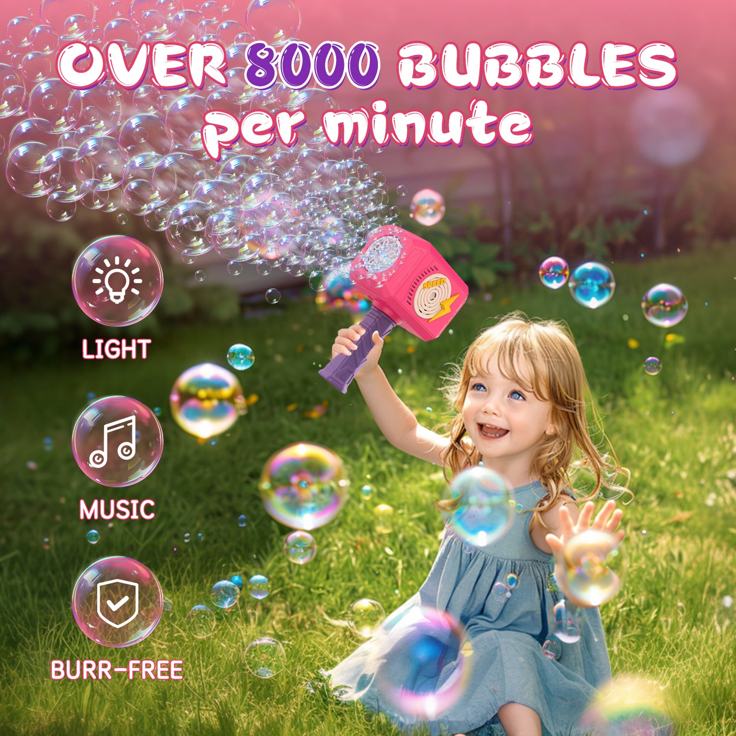 Terucle Bubble Wand, Hammer Bubble Gun Bubble Wands for Girls Durable Bubble Machine with Light Music Kids Toys Bubble Maker with Bubble Solution for 3 4 5 6 7 8 Year Old Girls Boys(Pink)