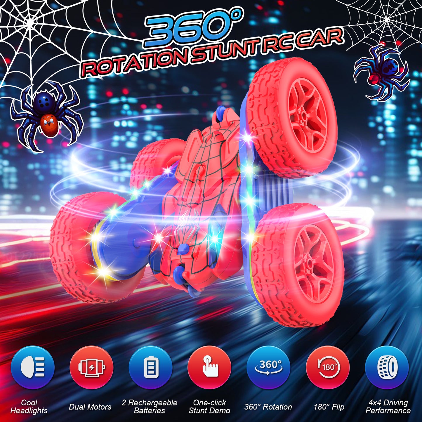 Terucle Remote Control Car Spider Rc Cars New Upgraded Strip Lights and Headlights Car Toys Double-Sided 360° Rotating Rc Truck for Boys Girls Birthday Gift (Red)