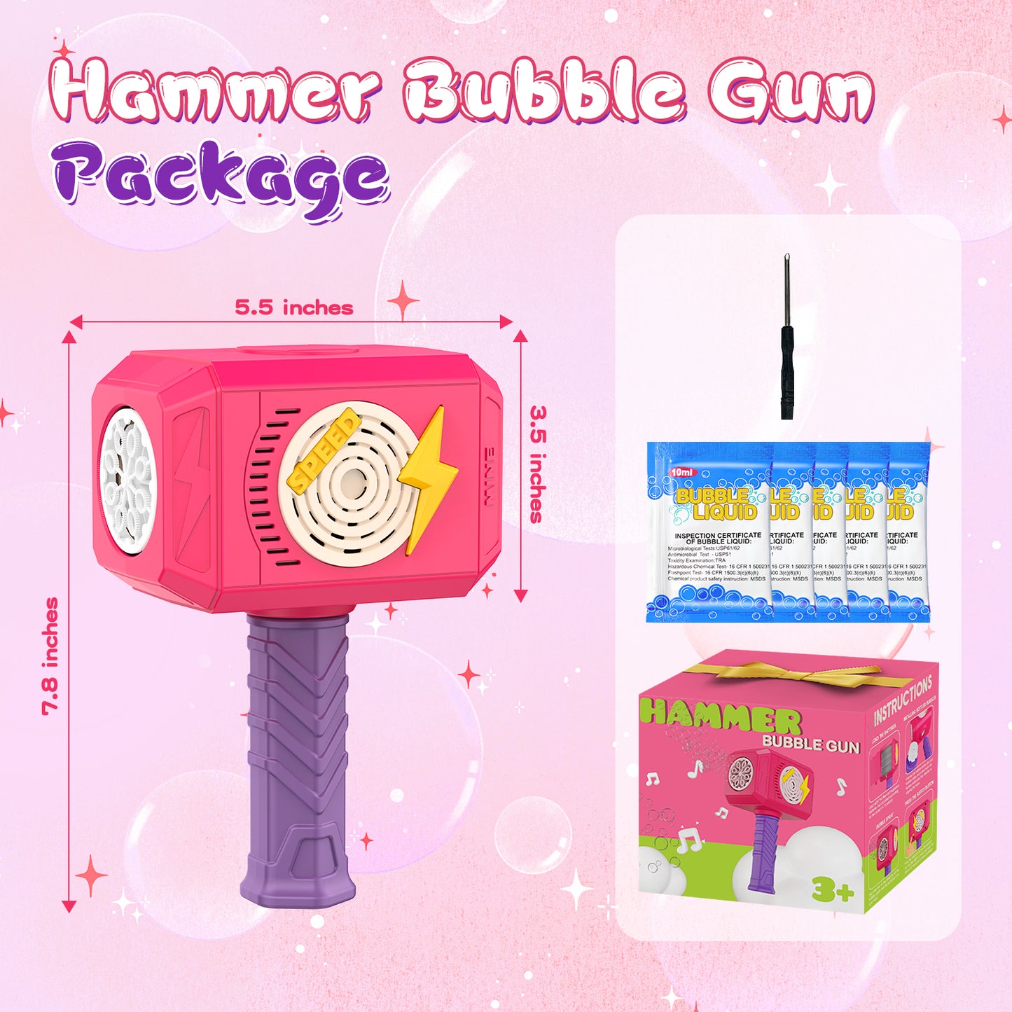 Terucle Bubble Wand, Hammer Bubble Gun Bubble Wands for Girls Durable Bubble Machine with Light Music Kids Toys Bubble Maker with Bubble Solution for 3 4 5 6 7 8 Year Old Girls Boys(Pink)