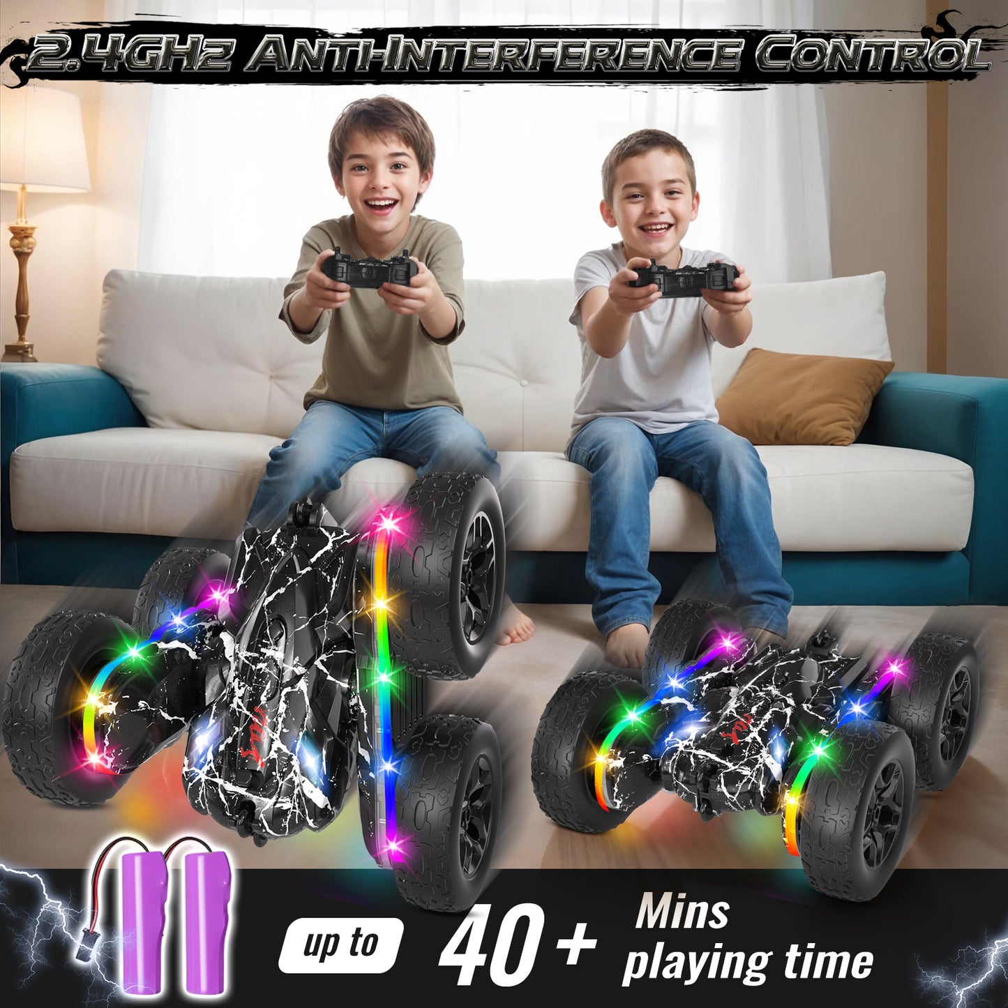 Terucle Rc Cars Toys for Boys Remote Control Car 2.4 GHz Black Toys for Ages 5-7 Kids Toys New Upgraded Strip Lights 360° Rotating Rc Truck Birthday (Black)