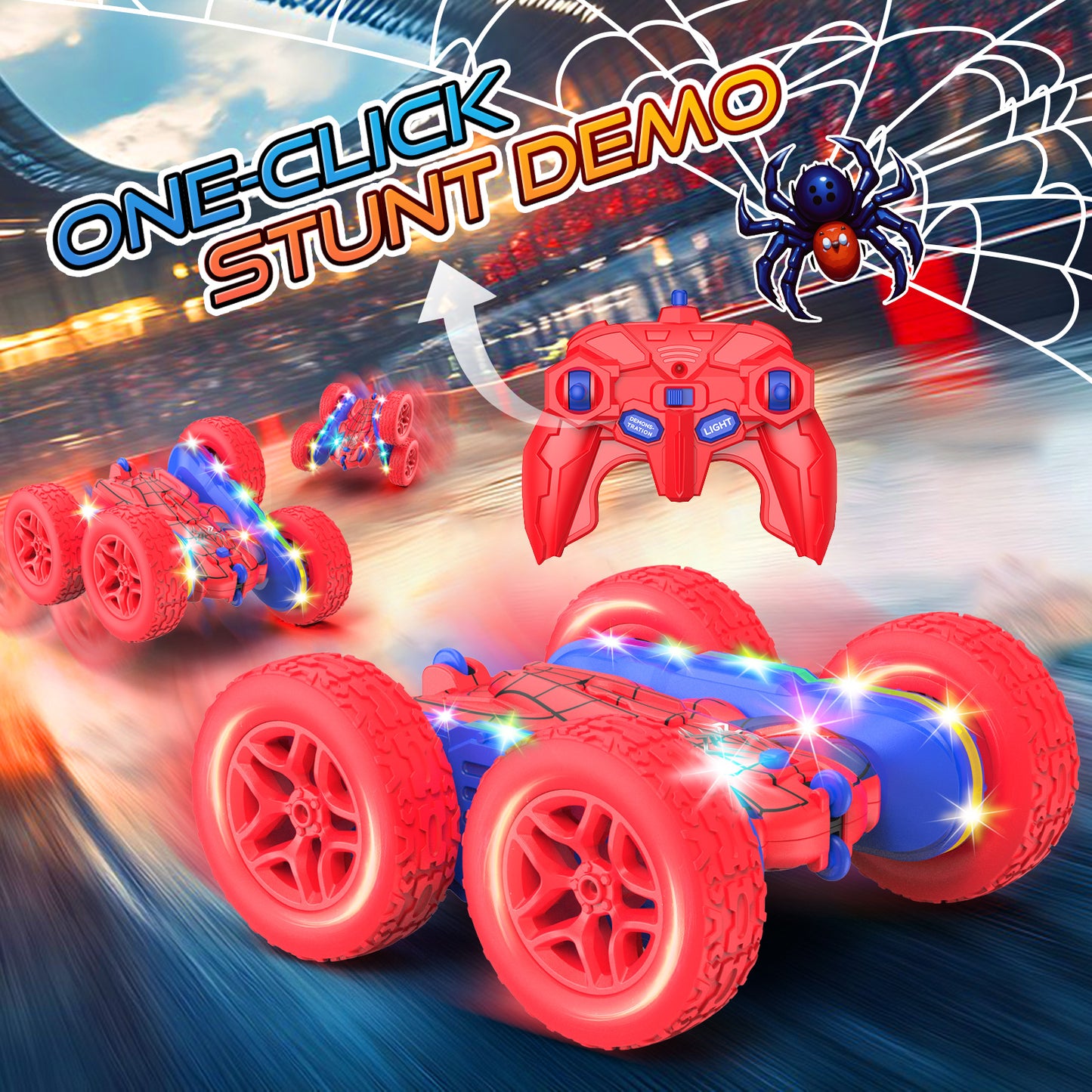 Terucle Remote Control Car Spider Rc Cars New Upgraded Strip Lights and Headlights Car Toys Double-Sided 360° Rotating Rc Truck for Boys Girls Birthday Gift (Red)