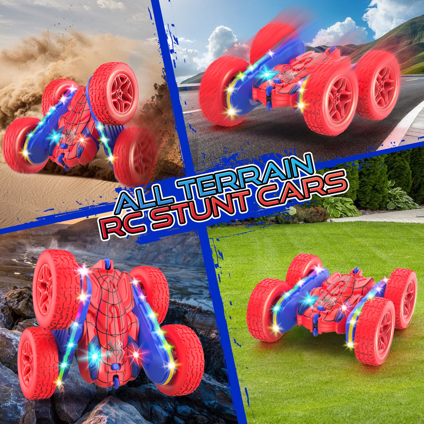 Terucle Remote Control Car Spider Rc Cars New Upgraded Strip Lights and Headlights Car Toys Double-Sided 360° Rotating Rc Truck for Boys Girls Birthday Gift (Red)