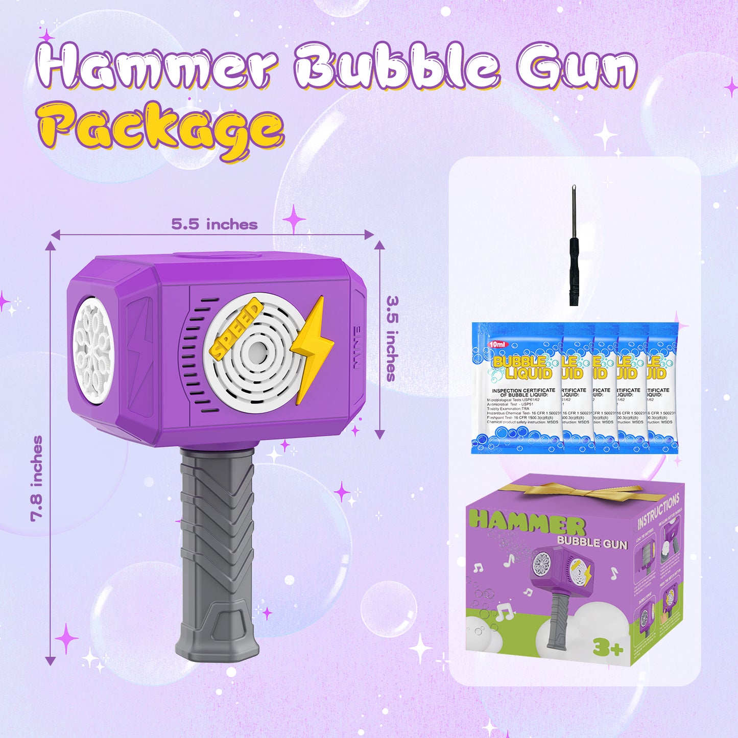 Terucle Bubble Machine, 2024 New Hammer Bubble Gun Kids Toys for Ages 3 4 5 6 7 8 Year Old Bubbles Wand Toy with Light & Music Bubbles Blaster Include Bubble Solution for Indoor Outdoor Toys (Purple)