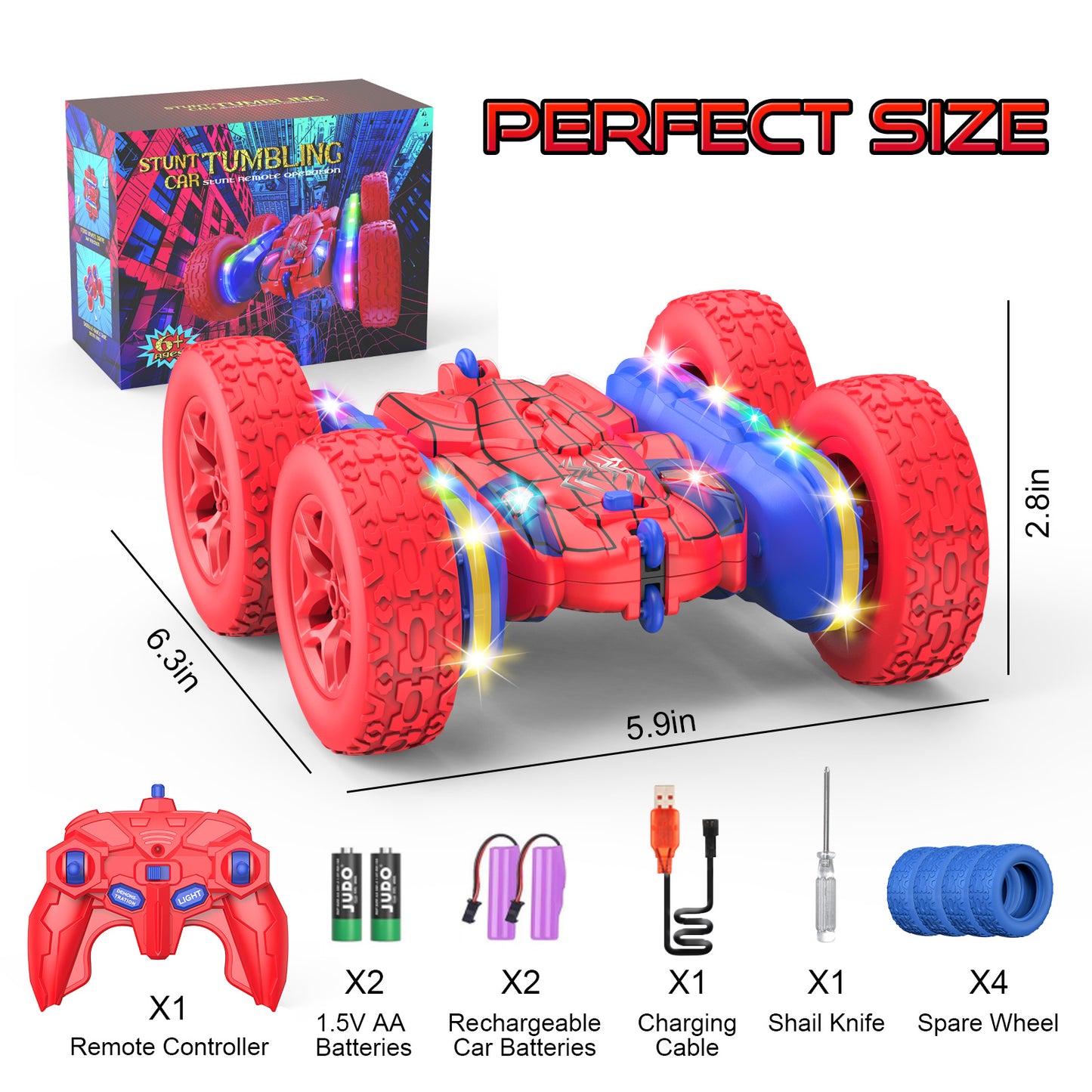 Terucle Remote Control Car Spider Rc Cars New Upgraded Strip Lights and Headlights Car Toys Double-Sided 360° Rotating Rc Truck for Boys Girls Birthday Gift (Red)