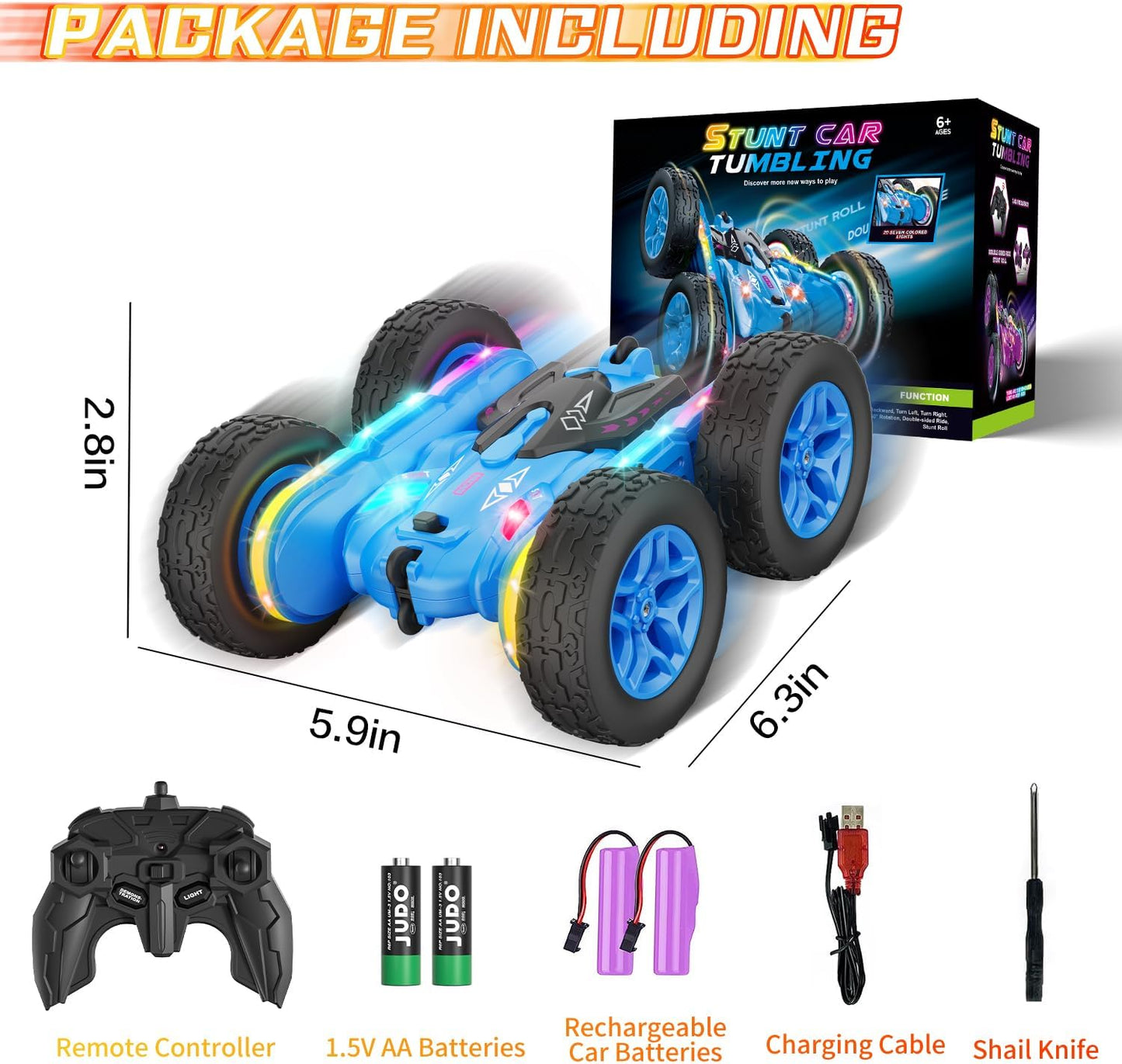 Terucle Remote Control Car, Rc Cars Stunt RC Car Toys New Upgraded Strip Lights and Headlights Car Toys Double-Sided 360° Rotating 4WD Rc Drift Truck for Boys Girls Birthday Gift (Blue)