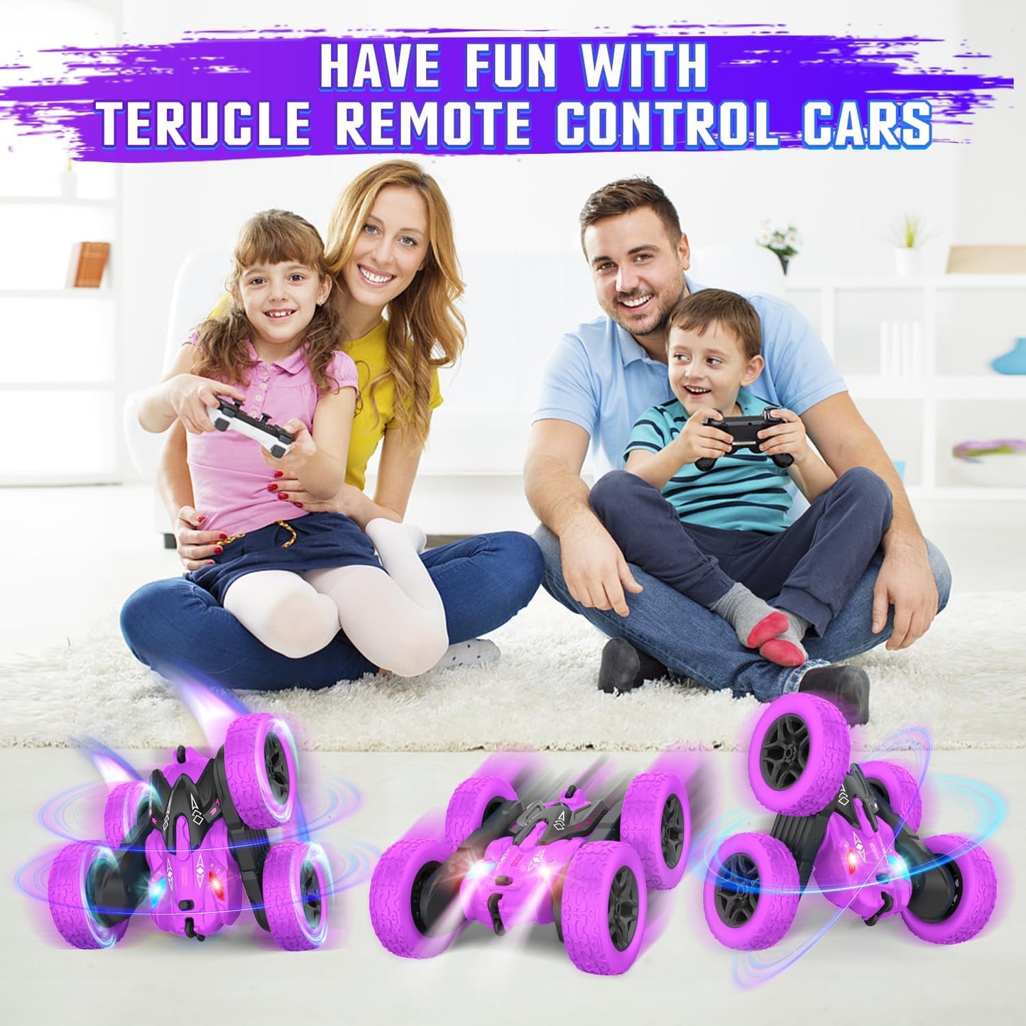 Terucle Remote Control Car, RC Cars Stunt RC Car Toys Double-Sided 360° Rotating Headlights Upgraded 4WD Rc Drift Truck Fast and Flips Kid Toys for Boys 8-12 Year Old (Purple)