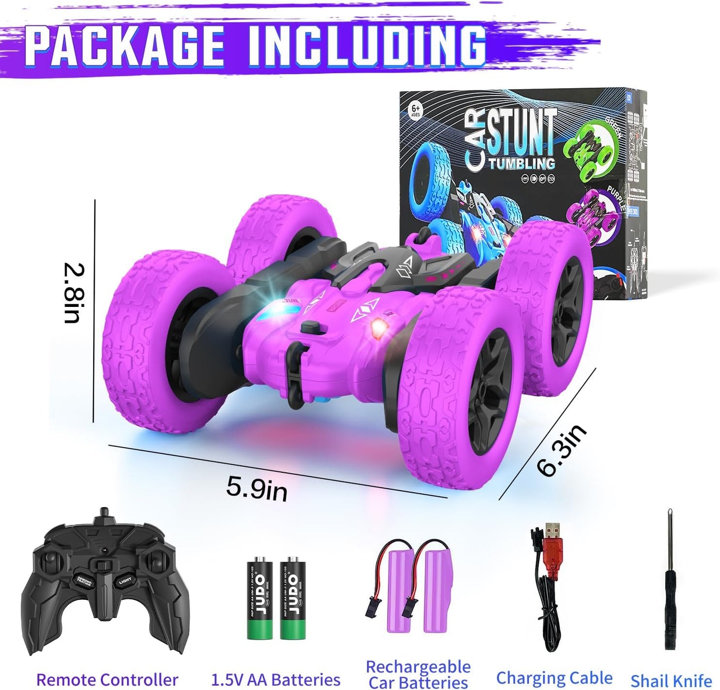 Terucle Remote Control Car, RC Cars Stunt RC Car Toys Double-Sided 360° Rotating Headlights Upgraded 4WD Rc Drift Truck Fast and Flips Kid Toys for Boys 8-12 Year Old (Purple)