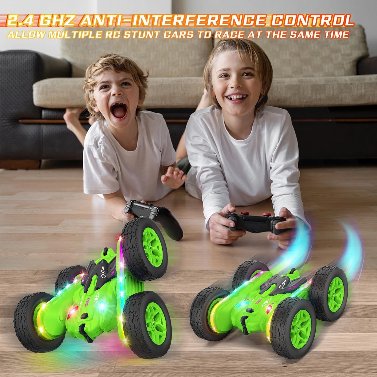 Terucle Remote Control Car, Rc Cars Stunt RC Car Toys New Upgraded Strip Lights and Headlights Car Toys Double-Sided 360° Rotating 4WD Rc Drift Truck for Boys Girls Birthday Gift (Green)