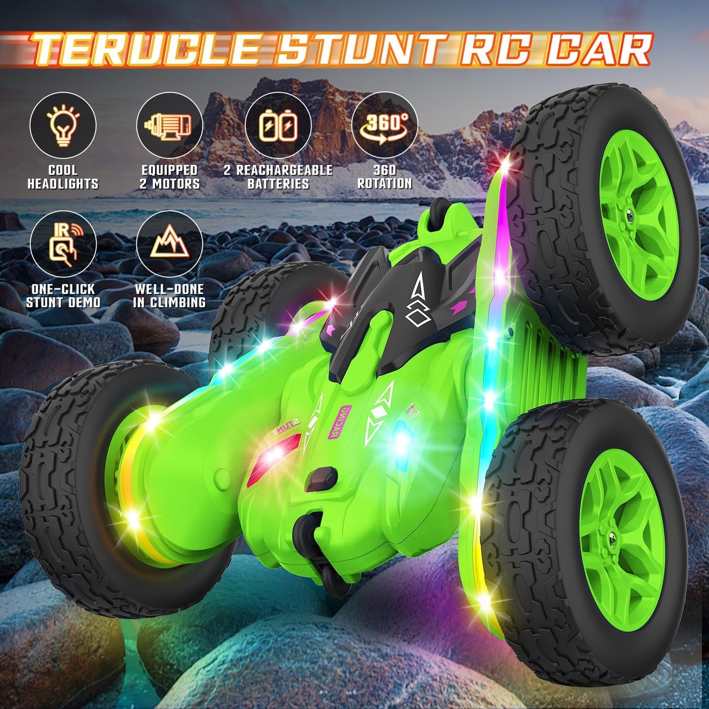 Terucle Remote Control Car, Rc Cars Stunt RC Car Toys New Upgraded Strip Lights and Headlights Car Toys Double-Sided 360° Rotating 4WD Rc Drift Truck for Boys Girls Birthday Gift (Green)