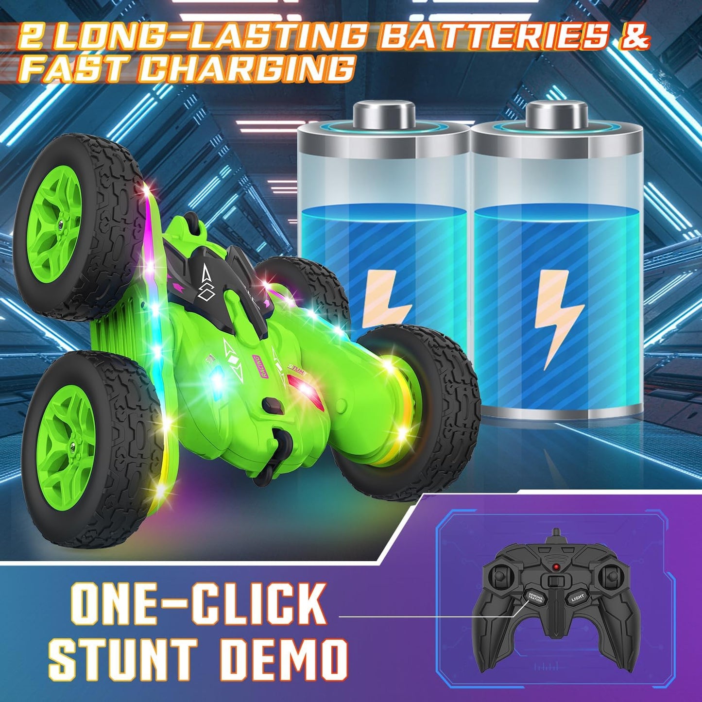 Terucle Remote Control Car, Rc Cars Stunt RC Car Toys New Upgraded Strip Lights and Headlights Car Toys Double-Sided 360° Rotating 4WD Rc Drift Truck for Boys Girls Birthday Gift (Green)