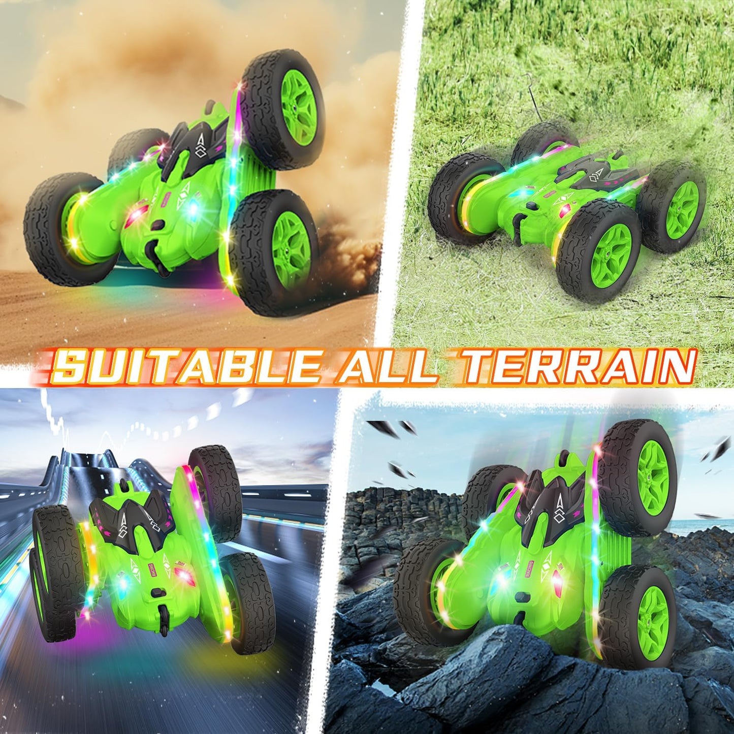 Terucle Remote Control Car, Rc Cars Stunt RC Car Toys New Upgraded Strip Lights and Headlights Car Toys Double-Sided 360° Rotating 4WD Rc Drift Truck for Boys Girls Birthday Gift (Green)