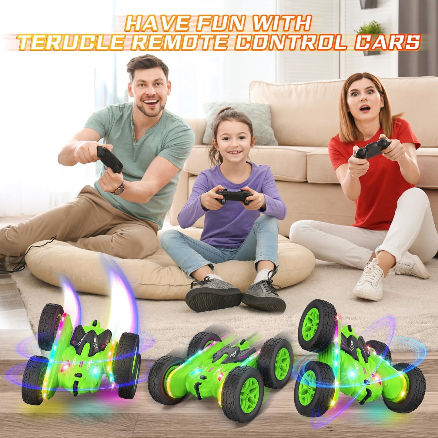 Terucle Remote Control Car, Rc Cars Stunt RC Car Toys New Upgraded Strip Lights and Headlights Car Toys Double-Sided 360° Rotating 4WD Rc Drift Truck for Boys Girls Birthday Gift (Green)