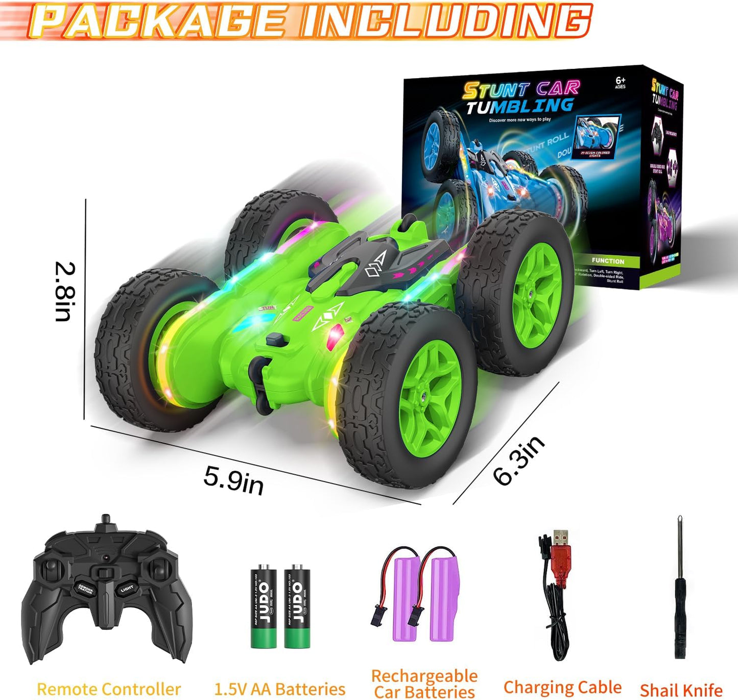 Terucle Remote Control Car, Rc Cars Stunt RC Car Toys New Upgraded Strip Lights and Headlights Car Toys Double-Sided 360° Rotating 4WD Rc Drift Truck for Boys Girls Birthday Gift (Green)