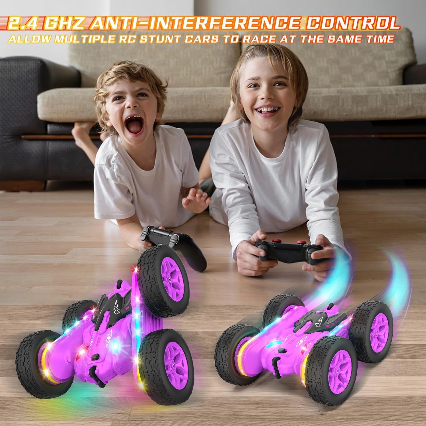 Terucle Remote Control Car, Rc Cars Stunt RC Car Toys New Upgraded Strip Lights and Headlights Car Toys Double-Sided 360° Rotating 4WD Rc Drift Truck for Boys Girls Birthday Gift (Purple)