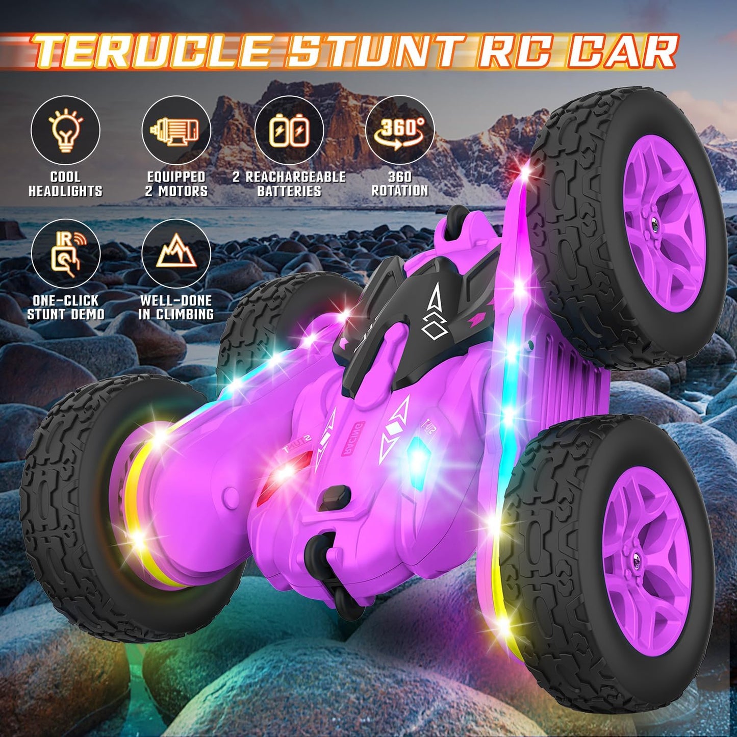 Terucle Remote Control Car, Rc Cars Stunt RC Car Toys New Upgraded Strip Lights and Headlights Car Toys Double-Sided 360° Rotating 4WD Rc Drift Truck for Boys Girls Birthday Gift (Purple)