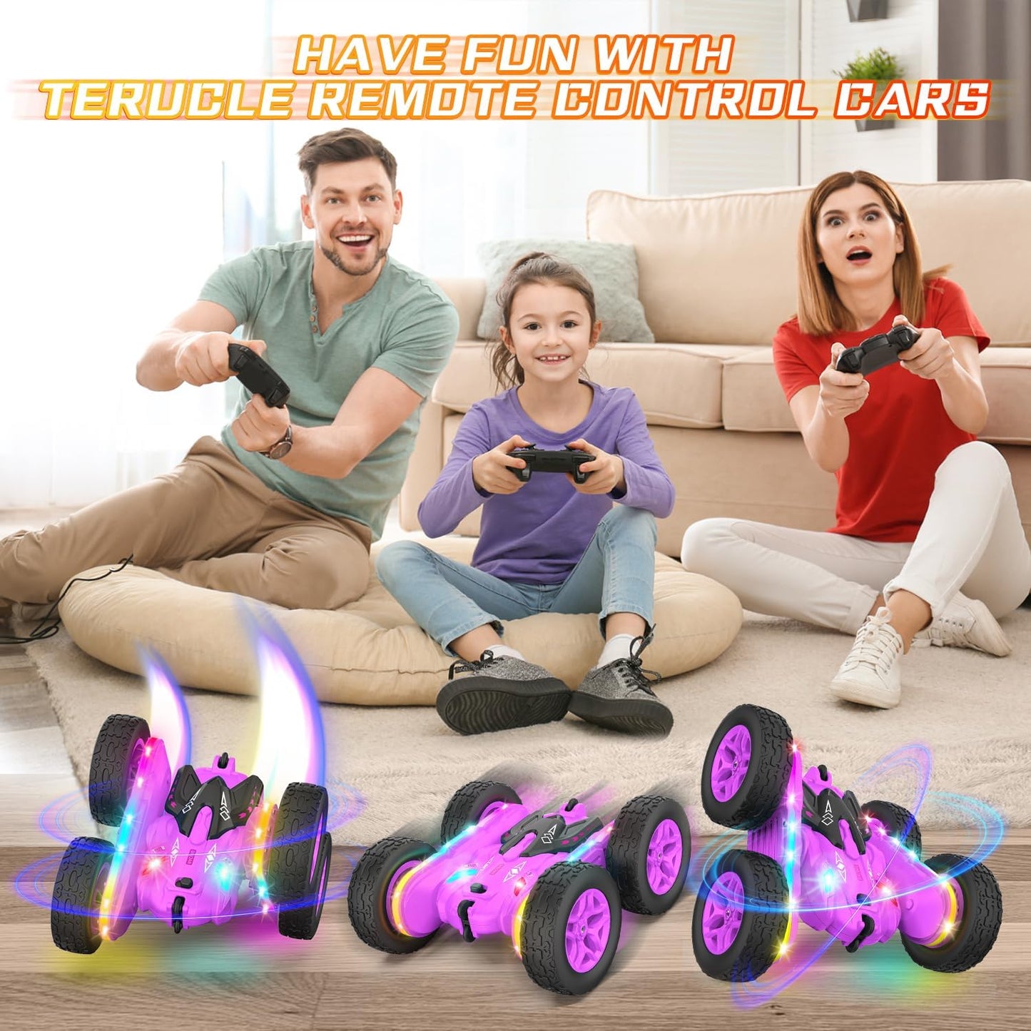 Terucle Remote Control Car, Rc Cars Stunt RC Car Toys New Upgraded Strip Lights and Headlights Car Toys Double-Sided 360° Rotating 4WD Rc Drift Truck for Boys Girls Birthday Gift (Purple)