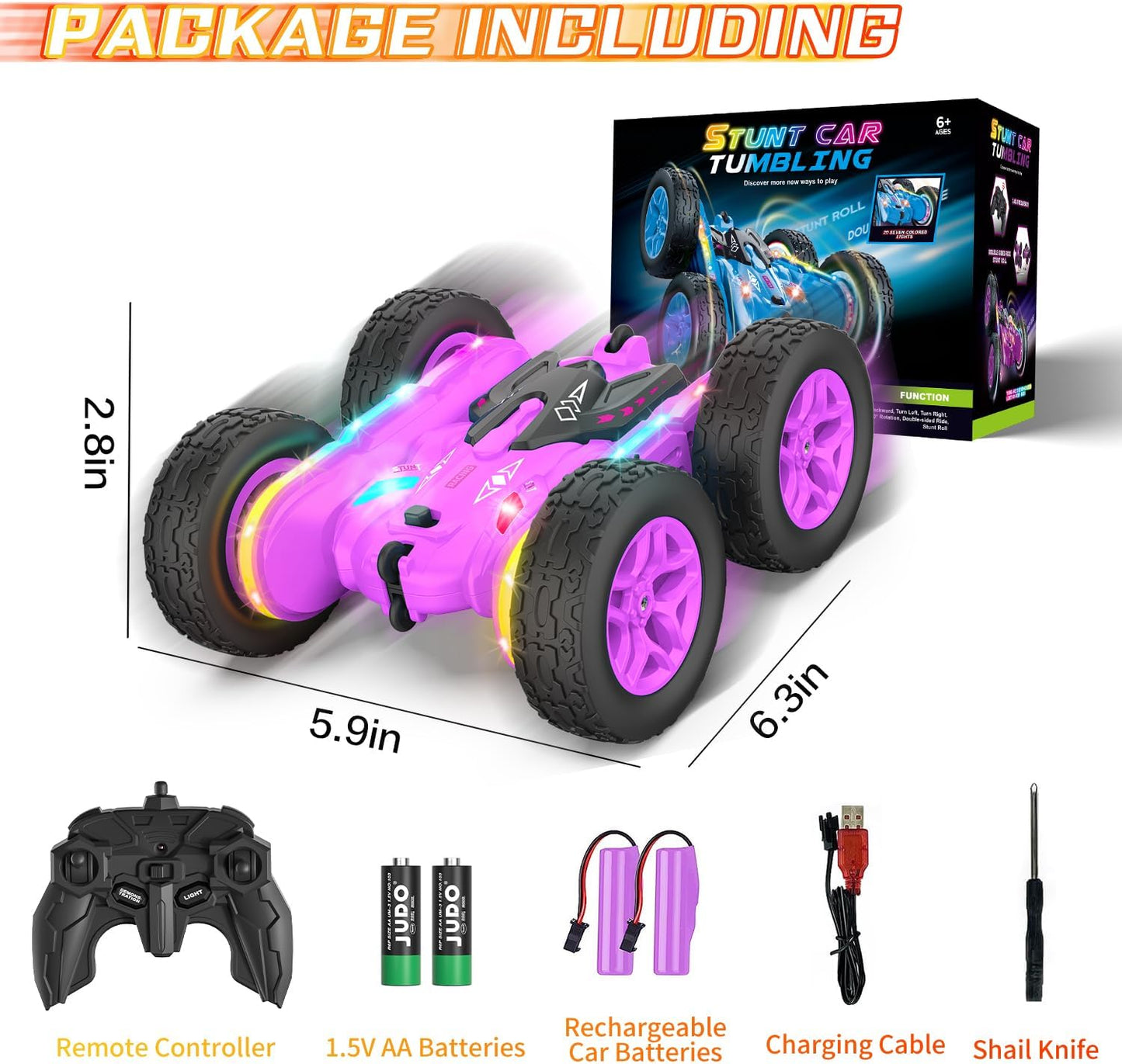 Terucle Remote Control Car, Rc Cars Stunt RC Car Toys New Upgraded Strip Lights and Headlights Car Toys Double-Sided 360° Rotating 4WD Rc Drift Truck for Boys Girls Birthday Gift (Purple)